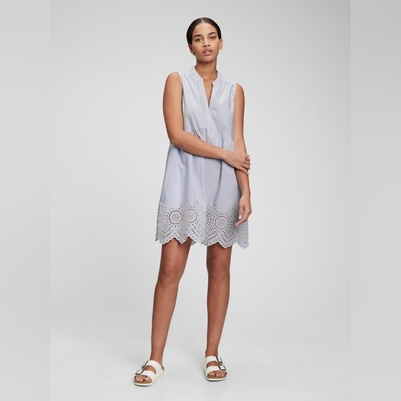 Gap Eyelet Mini Dress Blue Stripe Size Small Spring Sleeveless Cotton Sundress - Picture 9 of 9
